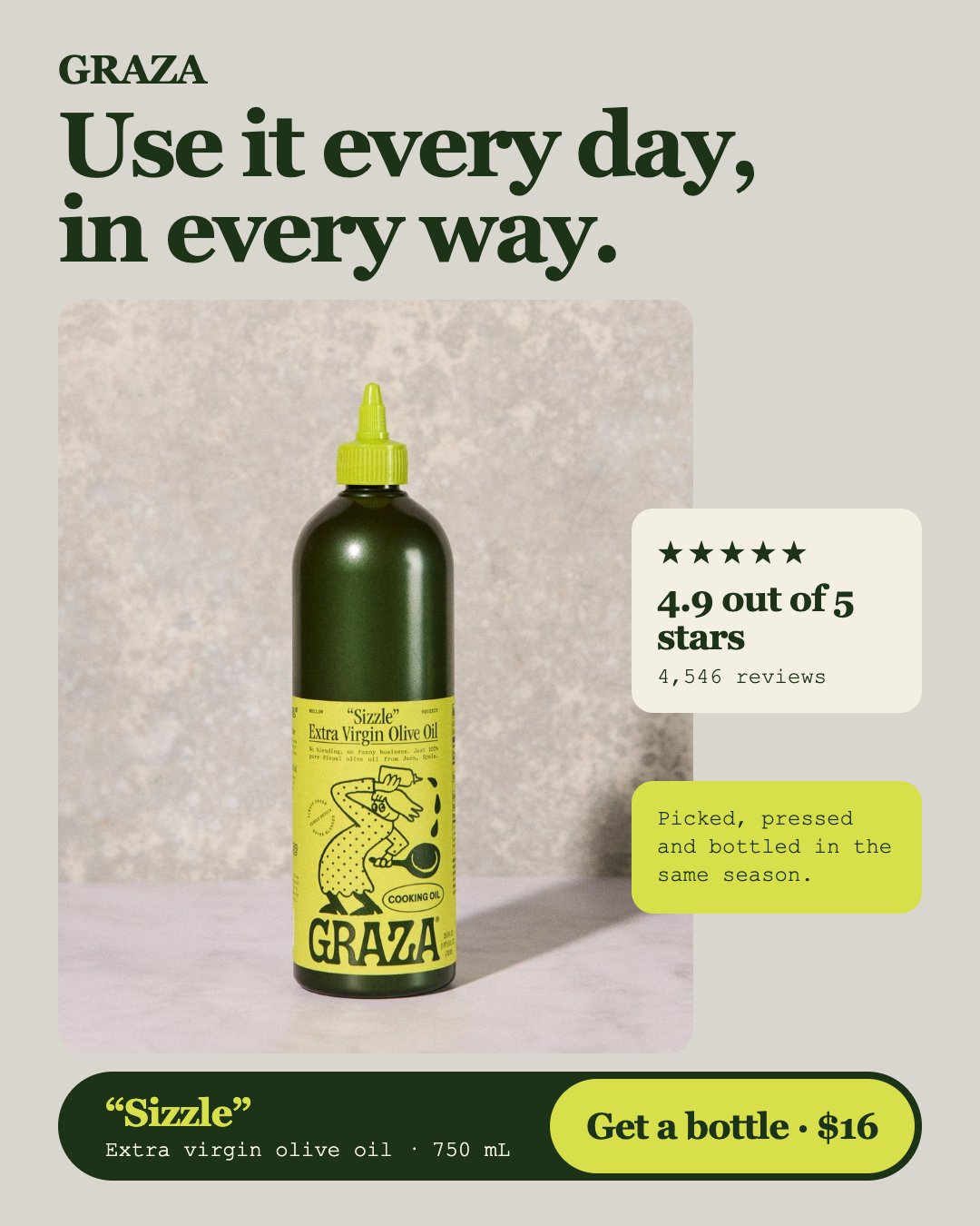 A bottle of Sizzle, the everyday olive oil