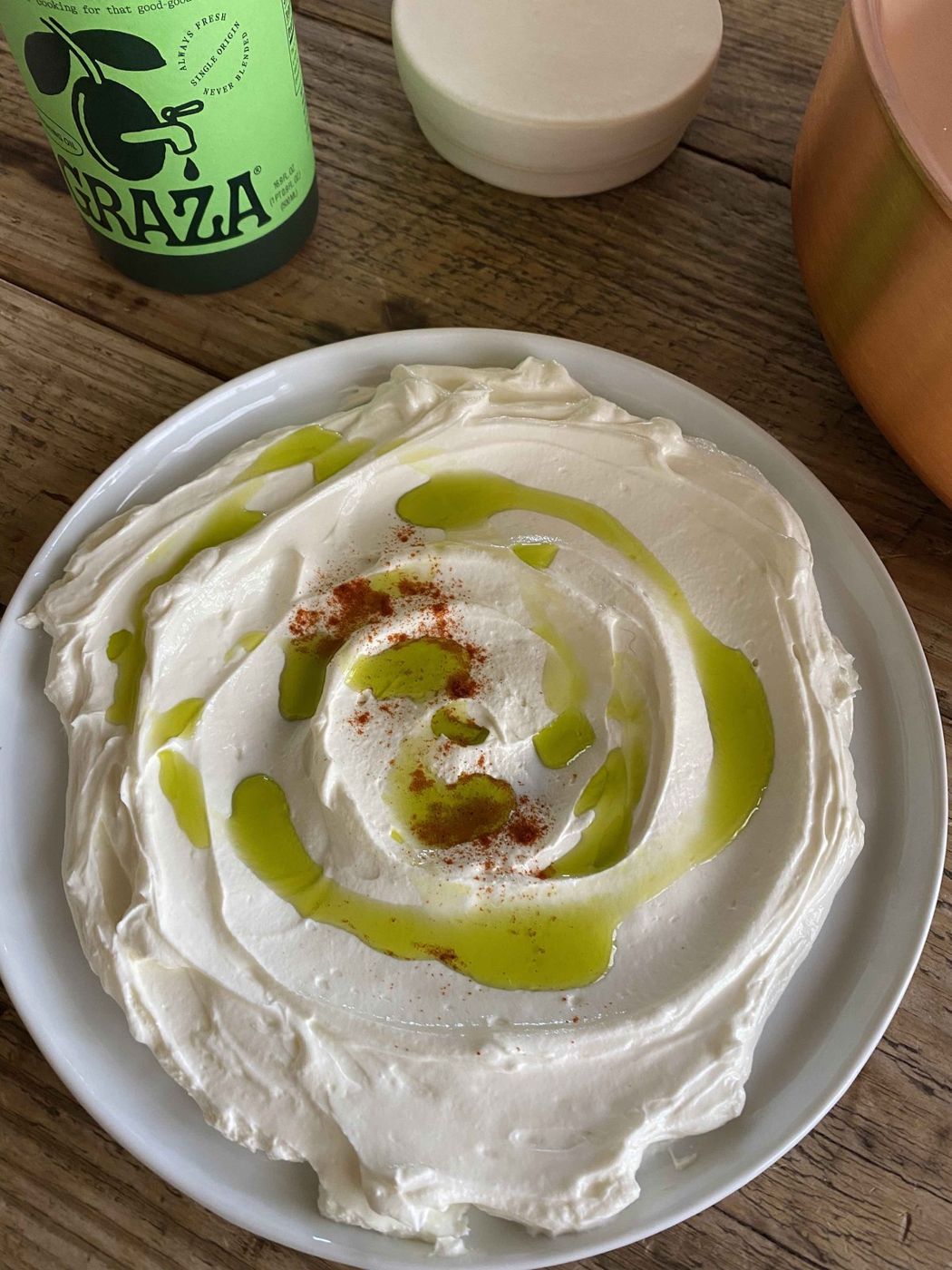 Labneh swirled with “Drizzle” and paprika
