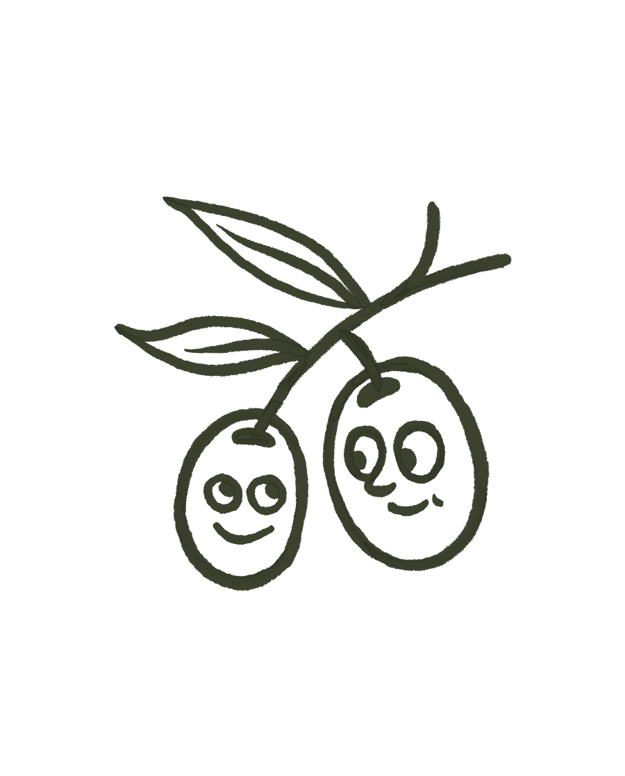Two smiling olives on a branch